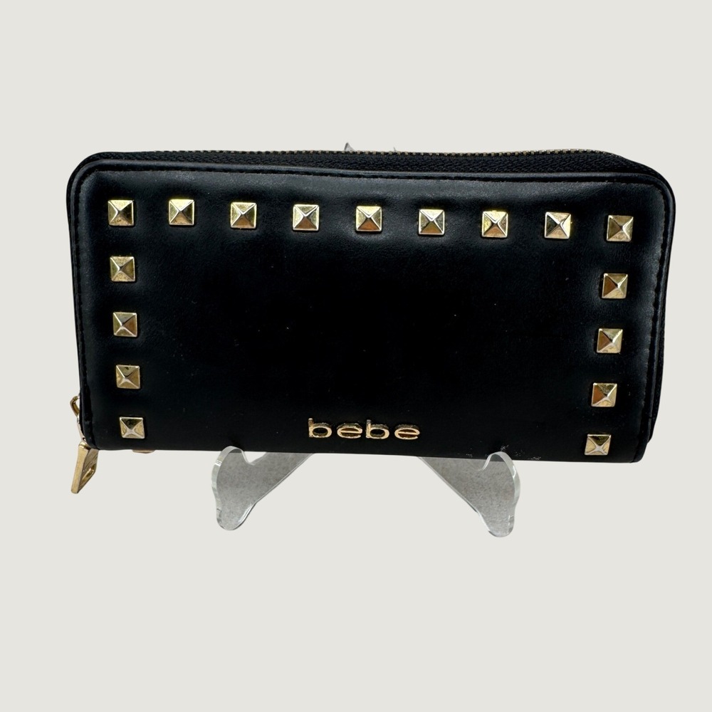 Bebe Wallet Zip Around Black Gold Studded Faux Leather‎ Y2K Edgy Glam 2000s Goth